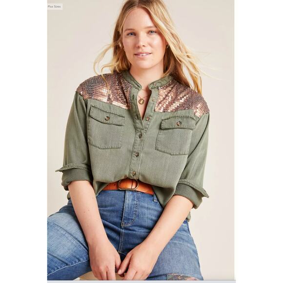 ANTHROPOLOGIE Army Green Sequined Cargo Button Down Shirt // 14 - Picture 2 of 14